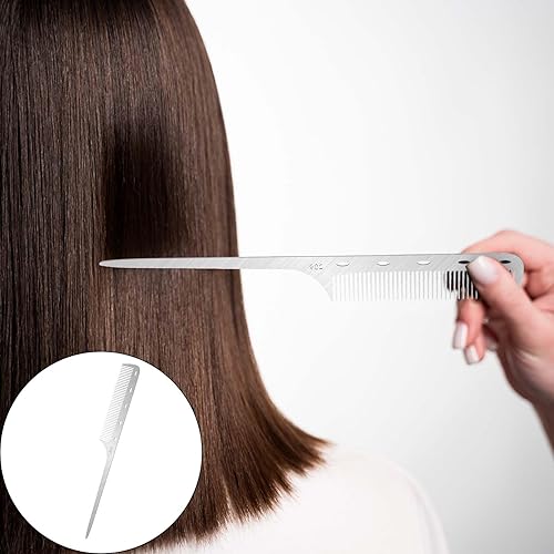 Miniatura 4 de Peine de cola de rata de metal con púa de metal, peines de pelo de acero inoxidable, parte superior plana, peines de corte fino, peine de peluquero