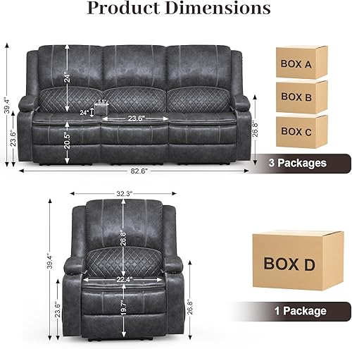 Miniatura 2 de Juego de sofá reclinable de 3 plazas con cojín de 2 niveles, 3+1 piezas en la sala de estar, sofá reclinable de 3 plazas, tela de terciopelo con
