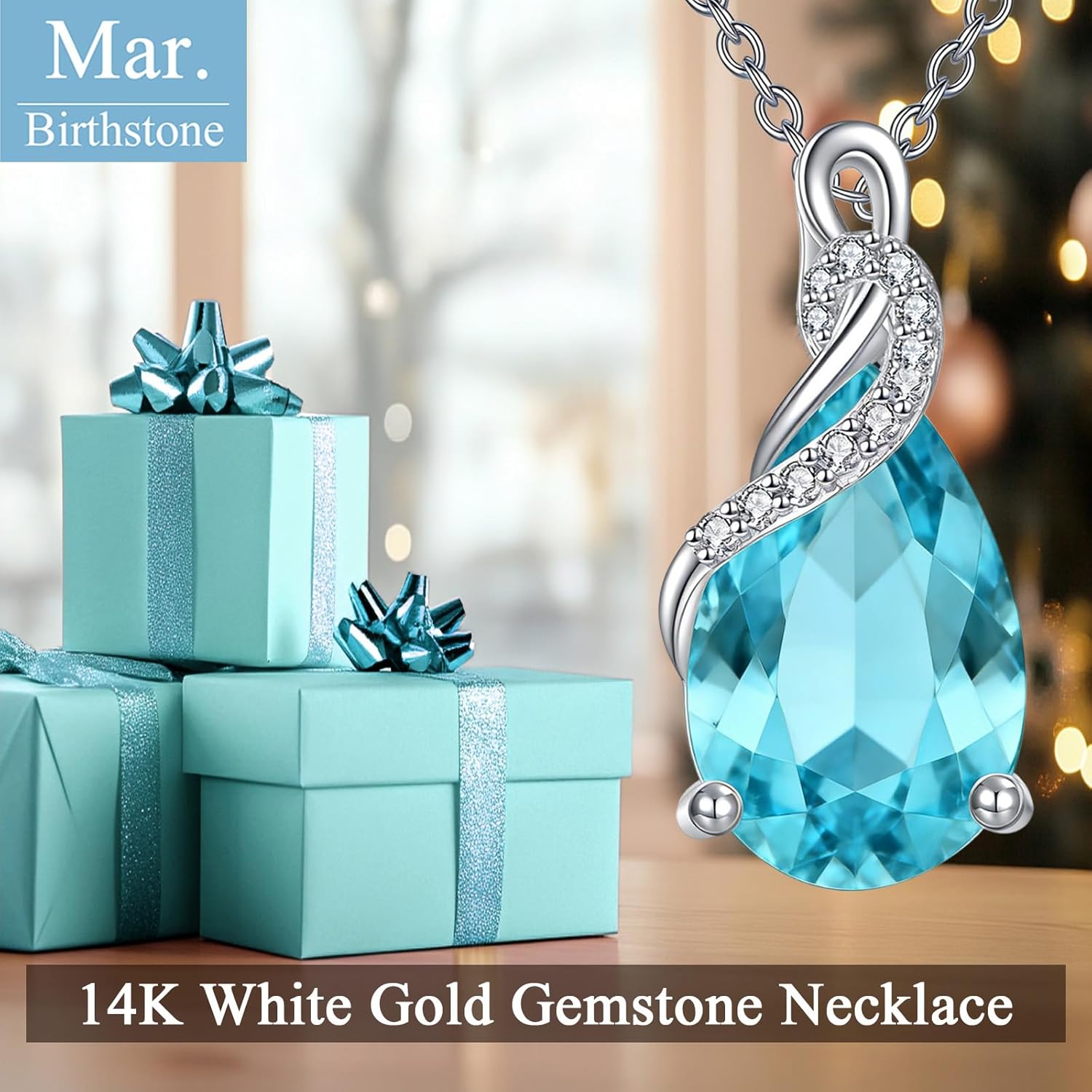 14K Real White Gold Teardrop Gemstone Necklace for Women Pear Cut Birthstone Pendant Necklaces Christmas Birthday Jewelry Gifts for Mom Wife Her, Sterling Silver Chain 18" + 2" - Image 2