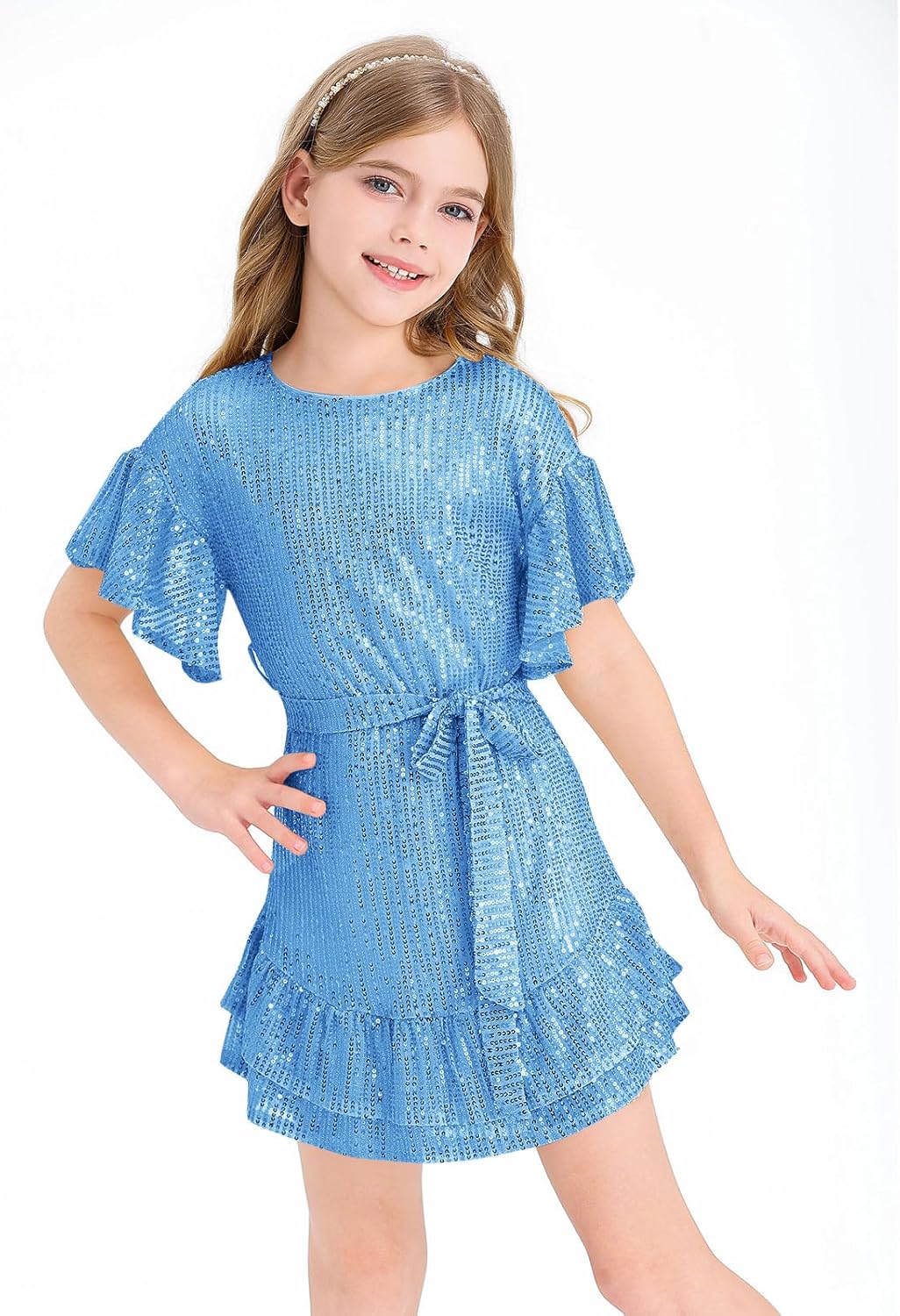 Batermoon Girls' Sequin Dress Crew Neck Bat Sleeve Ruffle Party Wedding Flower Dress with Belt for 5-14 Years - Image 2