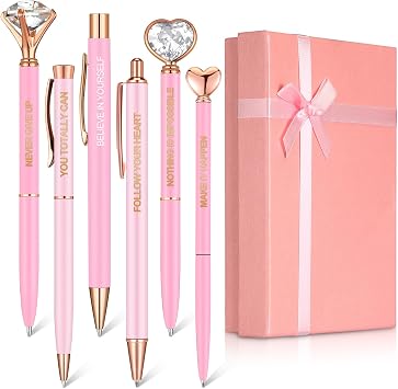 Yeaqee 6 Pcs Inspirational Pen Set for Women Gift 2026 Diamond Ballpoint Pens with Crystal Motivational Office Supplies with Gift Box Nurse Teacher Mother Day Christmas ThanksgivingPink