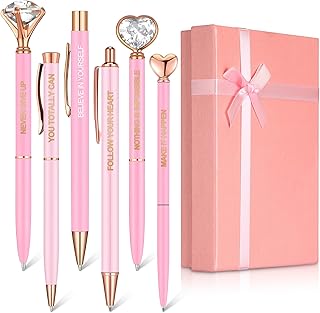 Yeaqee Pink 6 Pcs Inspirational Pens Diamond Crystal Ballpoint Pen | Motivational Quotes Rose Gold Trim, Strong, Office Supplies for Women Teachers Nurses, Mother's Day Christmas Box Gifts