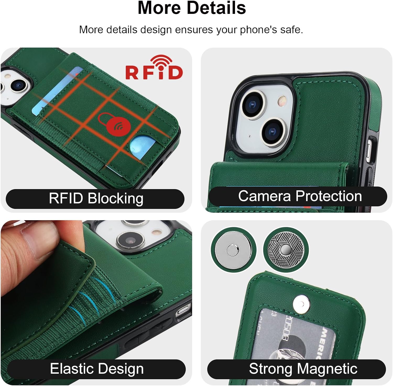 KIHUWEY for iPhone 13/14 Case Wallet with Card Holder, Large Capacity RFID Blocking Flip PU Leather Kickstand Magnetic Clasp Shockproof Protection Credit Card Slots Cover 6.1 Inch(Dark Green)