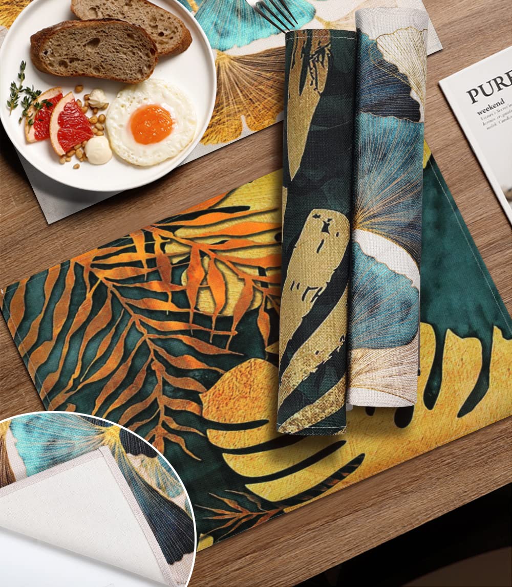 Tischsets aus Leinen Hochwertig Platzsets Petrol Gold Ginkgo Biloba Muster Waschbare Stoff Platzmatten Platzset für Tischdekorations Cafe Hause Esszimmer Küchen Dekorationen 18 x 13 Zoll Set mit 4 Küche, Haushalt & Wohnen