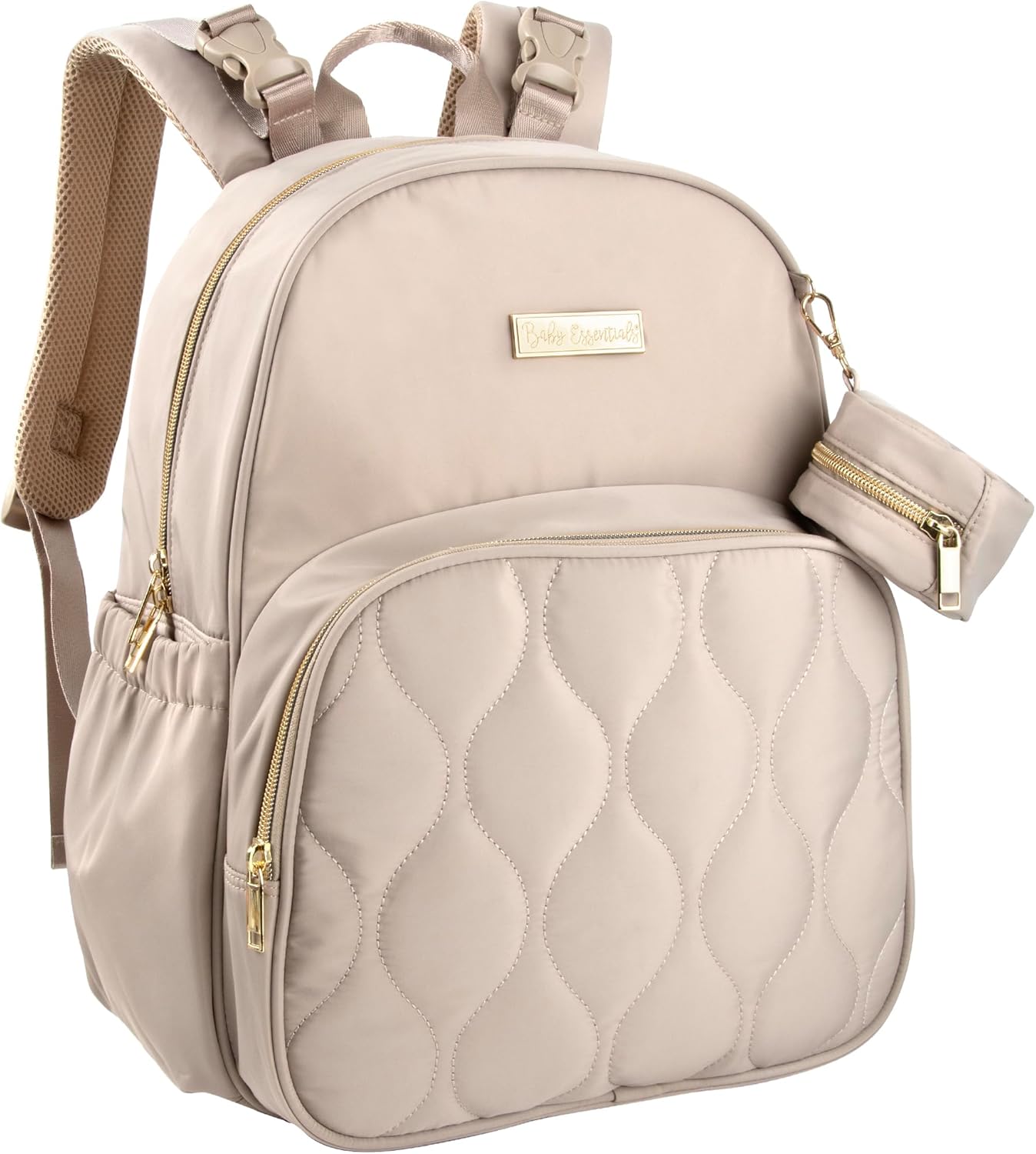 Baby Essentials 3 in 1 Diaper Bag Backpack, Changing Pad & Pacifier Pouch for Newborns, Infants, Toddlers - Quilted, Smooth, Sheek, Padded in Design, Beige