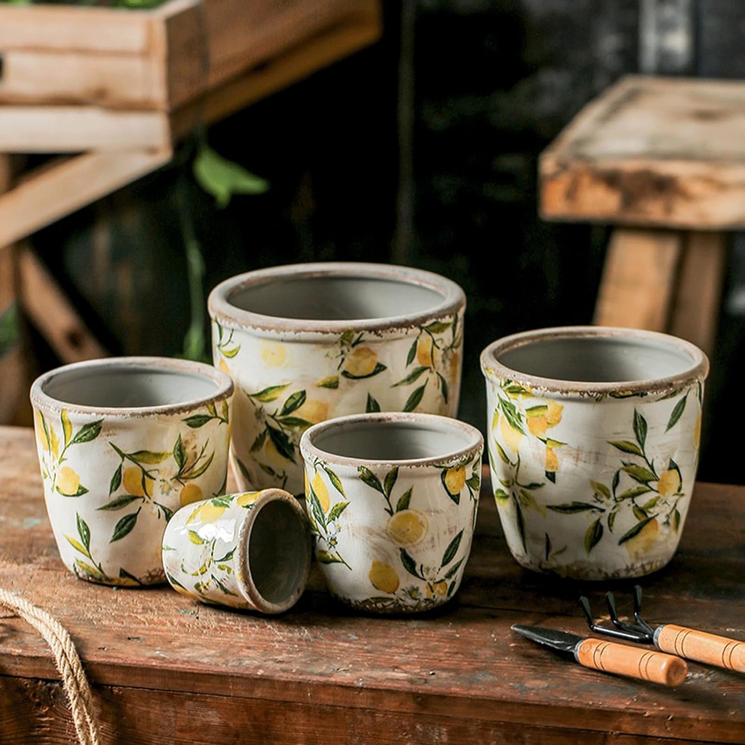 Planter Pots Spring Lemons Pattern Planter Succulent Pots 4" D - 7.3" D Large Planter Pots for Indoor Plants, Decorative Garden Pots Lovely Ceramic Pots (No Drainage Holes) Garden Decor