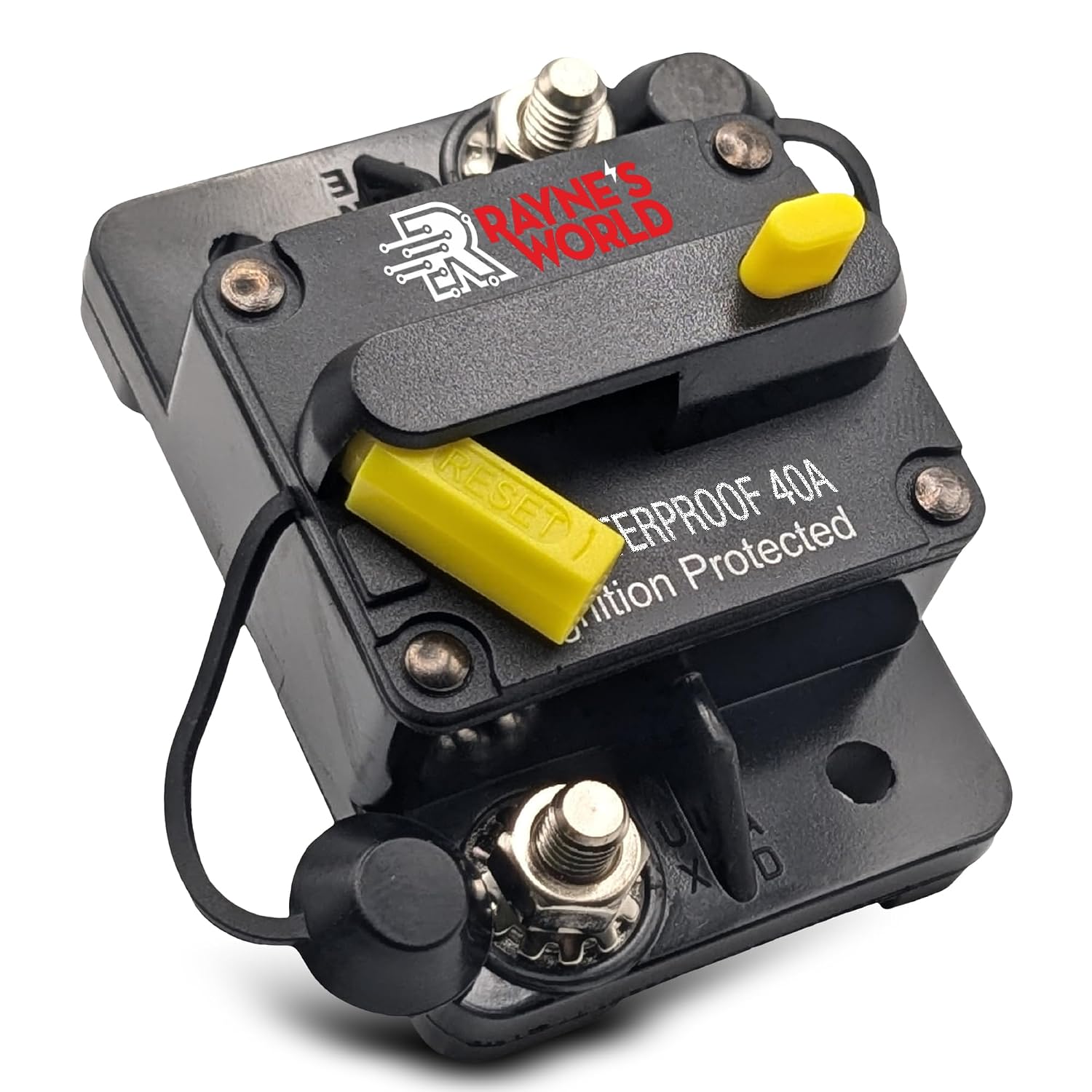 Rayne's World 40 Amp 12V-48V DC Waterproof Yellow Circuit Breaker Manual Reset - Car Stereo, RV, Solar Power, Automotive, Marine, Trolling Motor