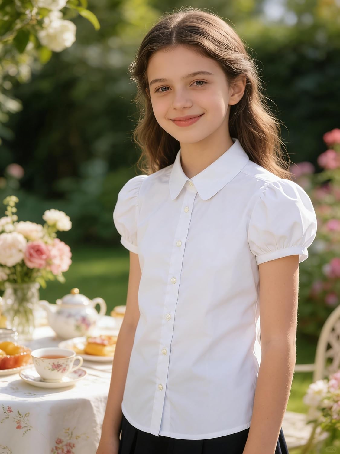 Bienzoe Girls Shirt Short Sleeve: White Button Up Kids School Uniform Cotton Oxford Collar Puff Dress Blouse - Image 4