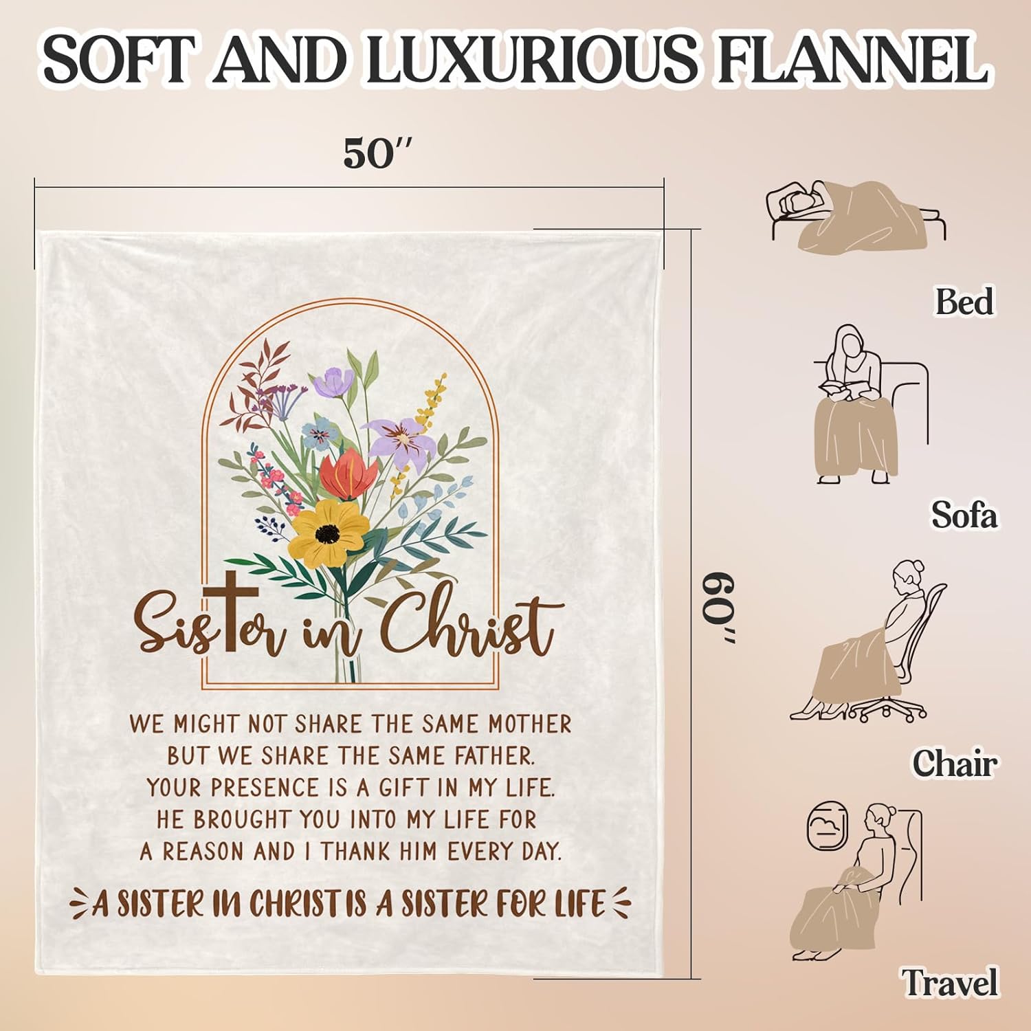 Sister Gifts Blanket, Christian Birthday Holiday Graduation Gifts for Sister, Sisters Gift from Sis, Soft Throw Blanket 60" x 50". - Image 6