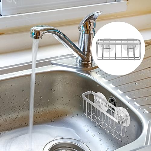 Miniatura 6 de Soporte de esponja para fregadero de cocina, estante de drenaje con ventosa de acero inoxidable estante de almacenamiento para fregadero encimera