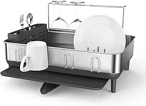 simplehuman Large Capacity Dish Drying Rack with Stainless Steel Frame, 360º Easy Drain Swivel Spout, Utensil & Wine Glass Holder, Anti-Residue Coating, Moisture Control Surface, Grey