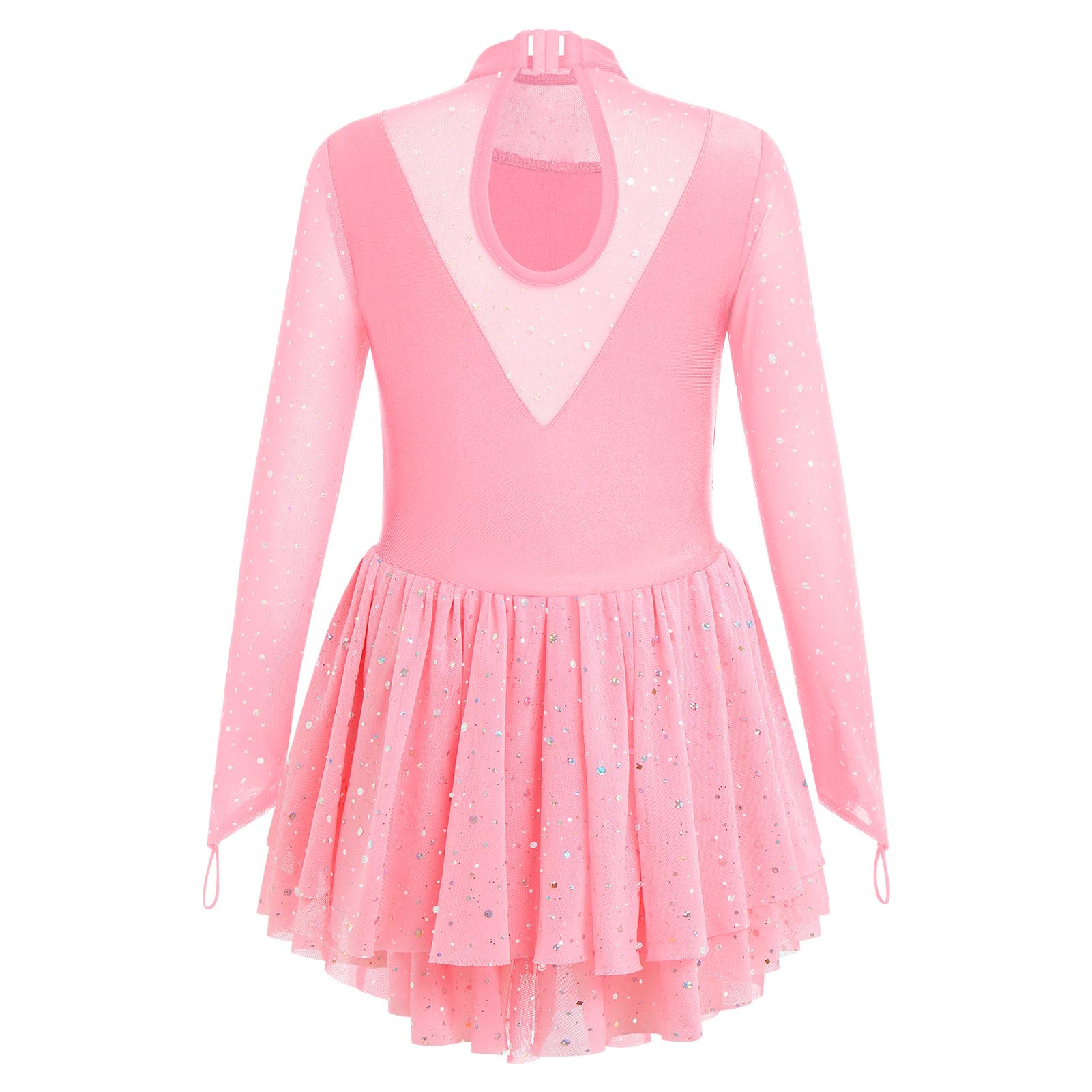 FYMNSI Eiskunstlaufkleid für Mädchen, glitzernde Strasssteine, langärmelig, Netzstoff, Tüll, Rock, Turnanzug, Gymnastik, Ballett, Tanzkleidung