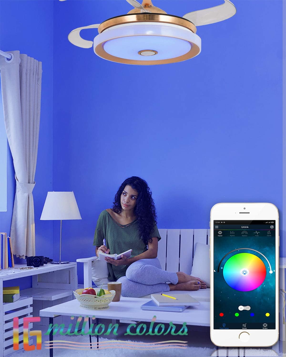 Discount 90% JVUJVCI Retractable Ceiling Fan with Light and Bluetooth Speaker, LED Bluetooth Ceiling Fan with Light 7 Color Lighting Modern 42 Inch