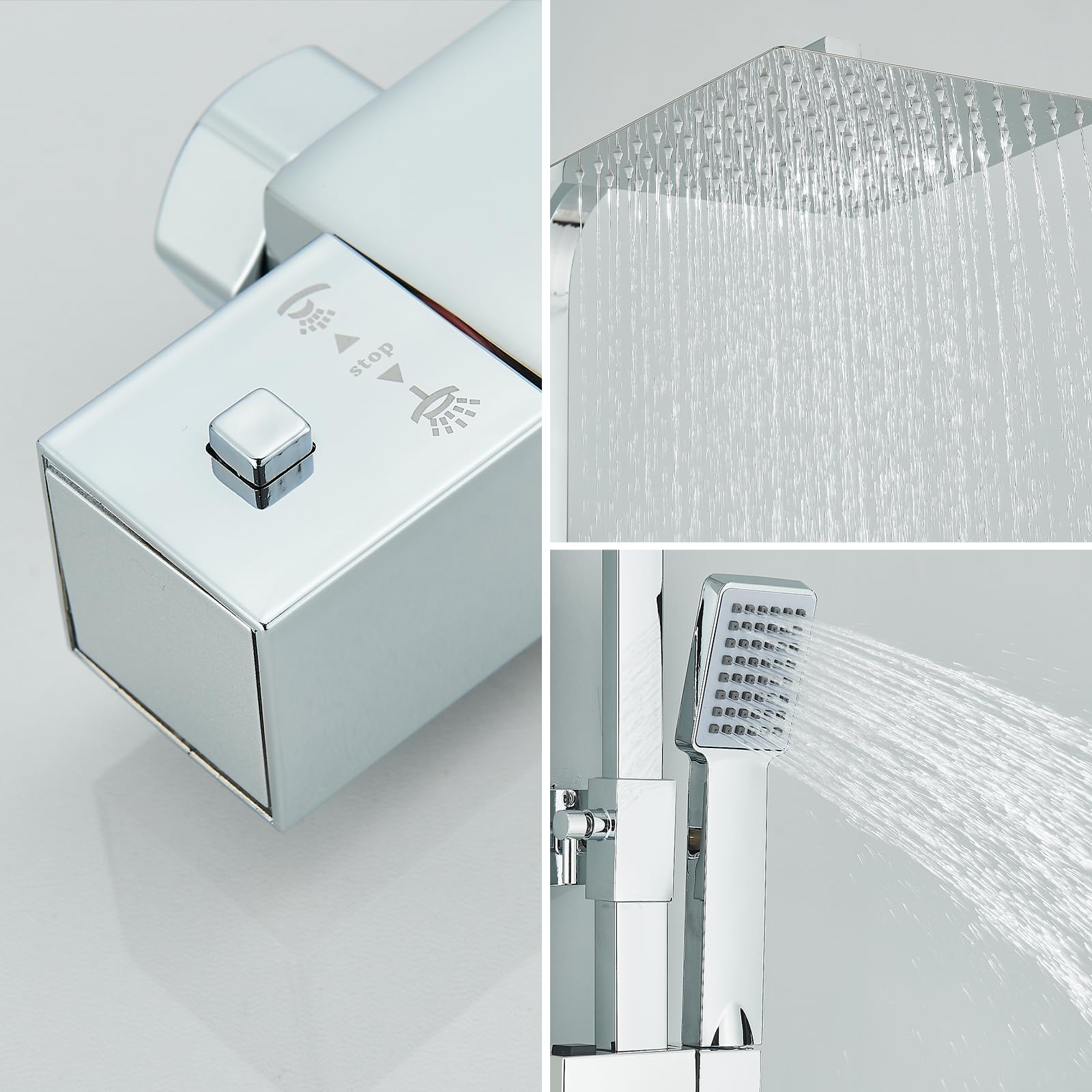 Thermostatique Colonne de Douche Chromé avec Mélangeur Réglable en Hauteur Ensemble de Douche 25x25cm Pluie Pommeau de Douche Carré avec Douchette à Main Acier Inoxydable