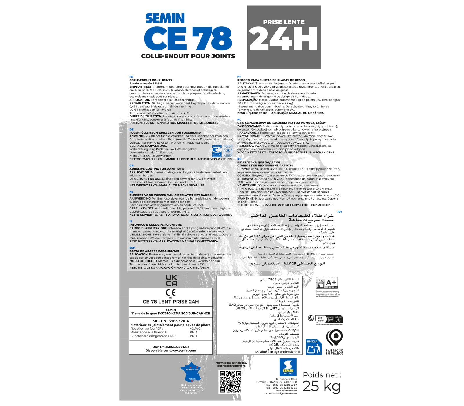 SEMIN CE 78 Lent - 2 X 25 kg - Enduit pour Joints de Plaques de Plâtre avec Bande à Joint - Temps d'Emploi Supérieur à 24 h - Application Manuelle ou Mécanique - Finition Professionnelle - Intérieur
