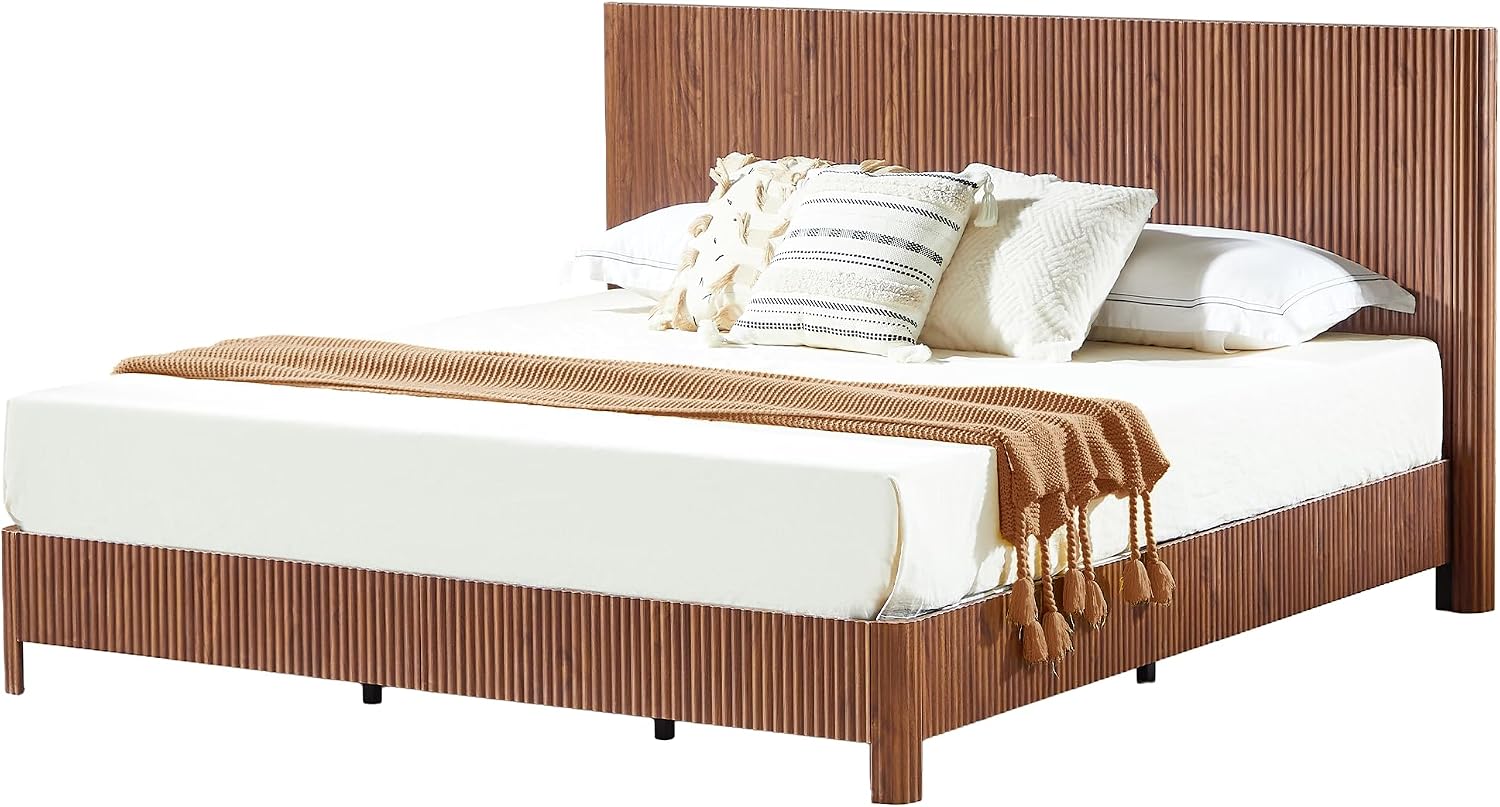 ivoros Fluted Wood King Bed Frame and Headboard, Mid Century Modern Platform Bed Frame, Heavy Duty Metal Support 1000 Lbs Capacity, No Box Spring Needed, Noise-Free, Walnut Bed