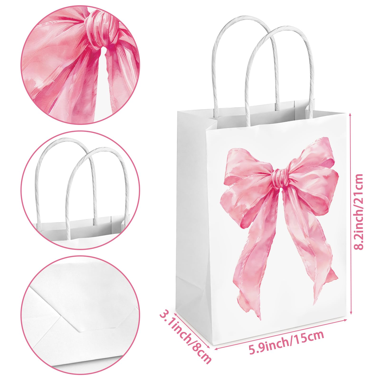 Hxezoc 12 Pieces Pink Bow Gift Bags with Handle, Paper Treat Candy Bag Girly Bow Favor Bags for Bow Theme Bachelorette Party Birthday Party Decoration Supplies