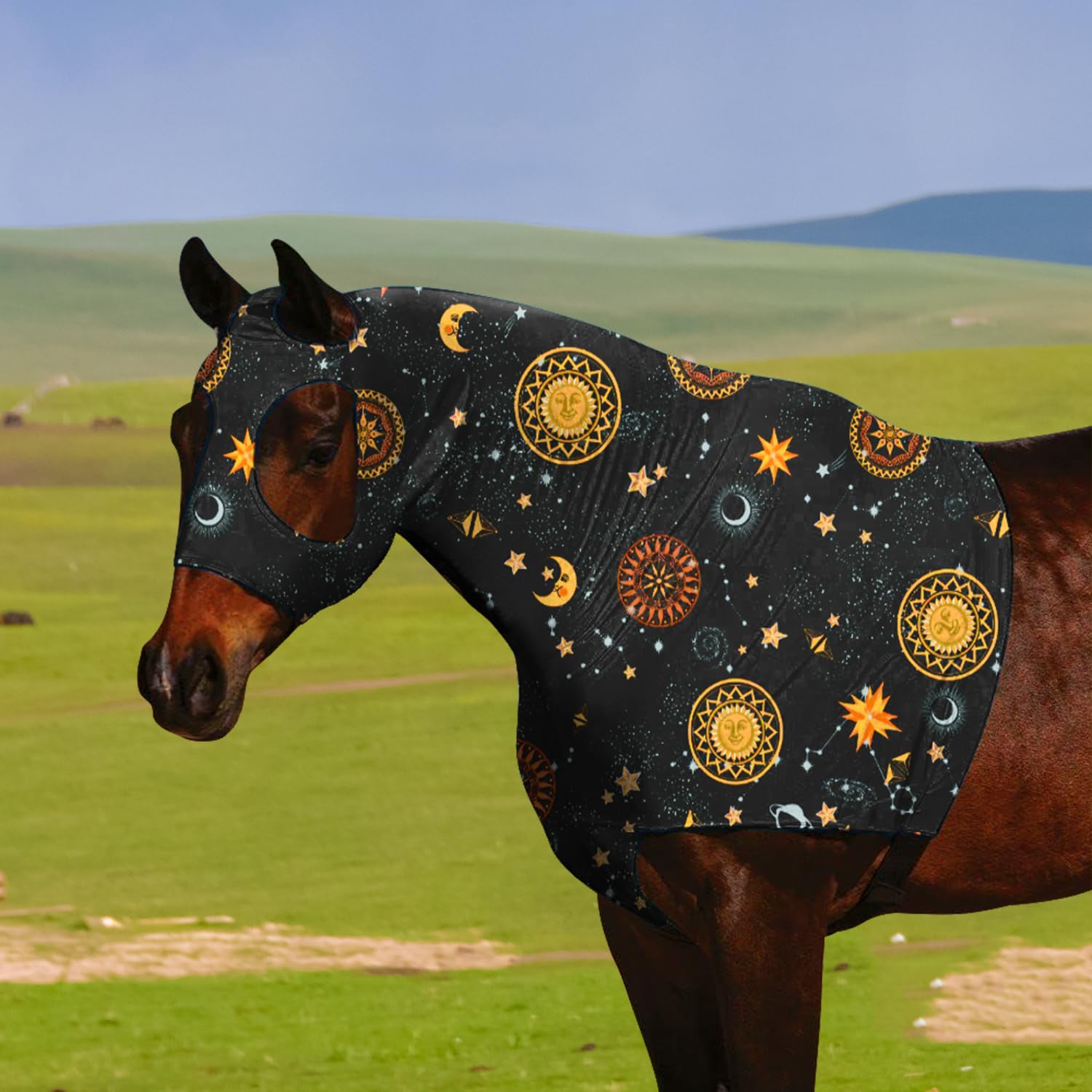 Horse Stretch Slicker Hood with Zipper, Earless Design, Orange Sun, Size L