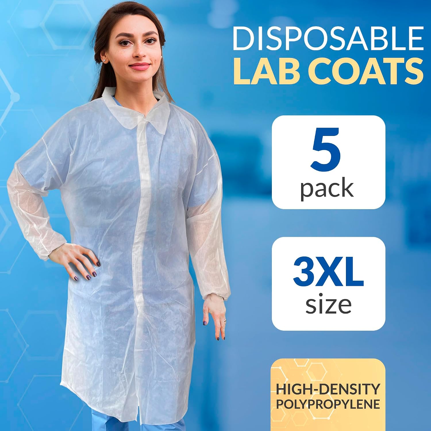 Disposable Lab Coats, White, 3X-Large, 42 GSM Polypropylene Protective Coat with Elastic Wrists, Hook & Loop, No Pockets, Pack of 5