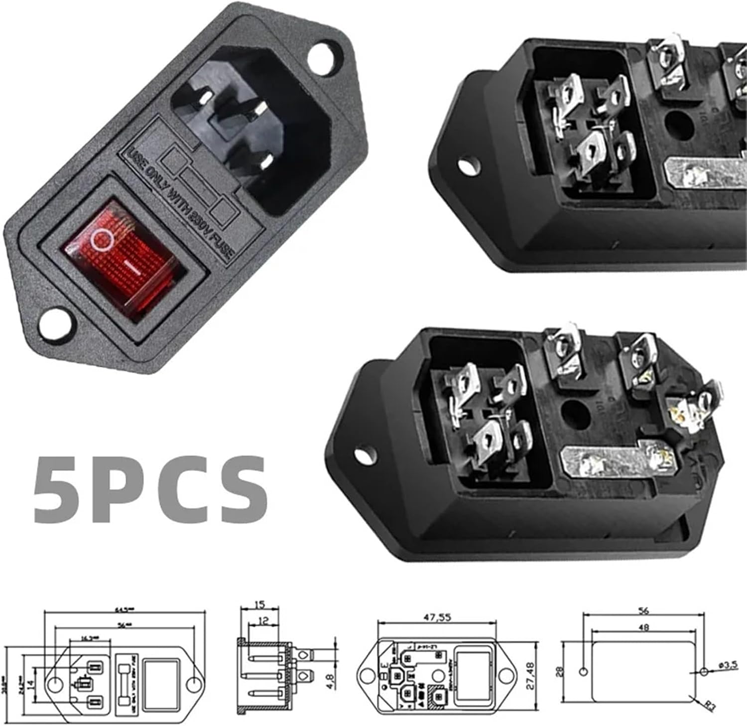 AC-01B 3 Pin Rocker Switch ON/Off 10A Fuse Electrical AC Power Socket AC01B Socket Connector with Red Lamp