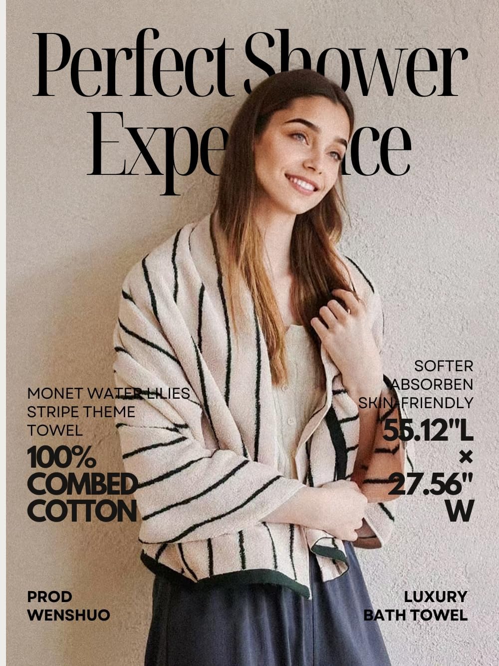 WENSHUO Acorn & Ink-Pure Cotton Striped Bath Towel,100% Combed Cotton,Luxury Shower Towel,Super Absorbent(Pack of 1) (55.12" L × 27.56" W) - Image 4