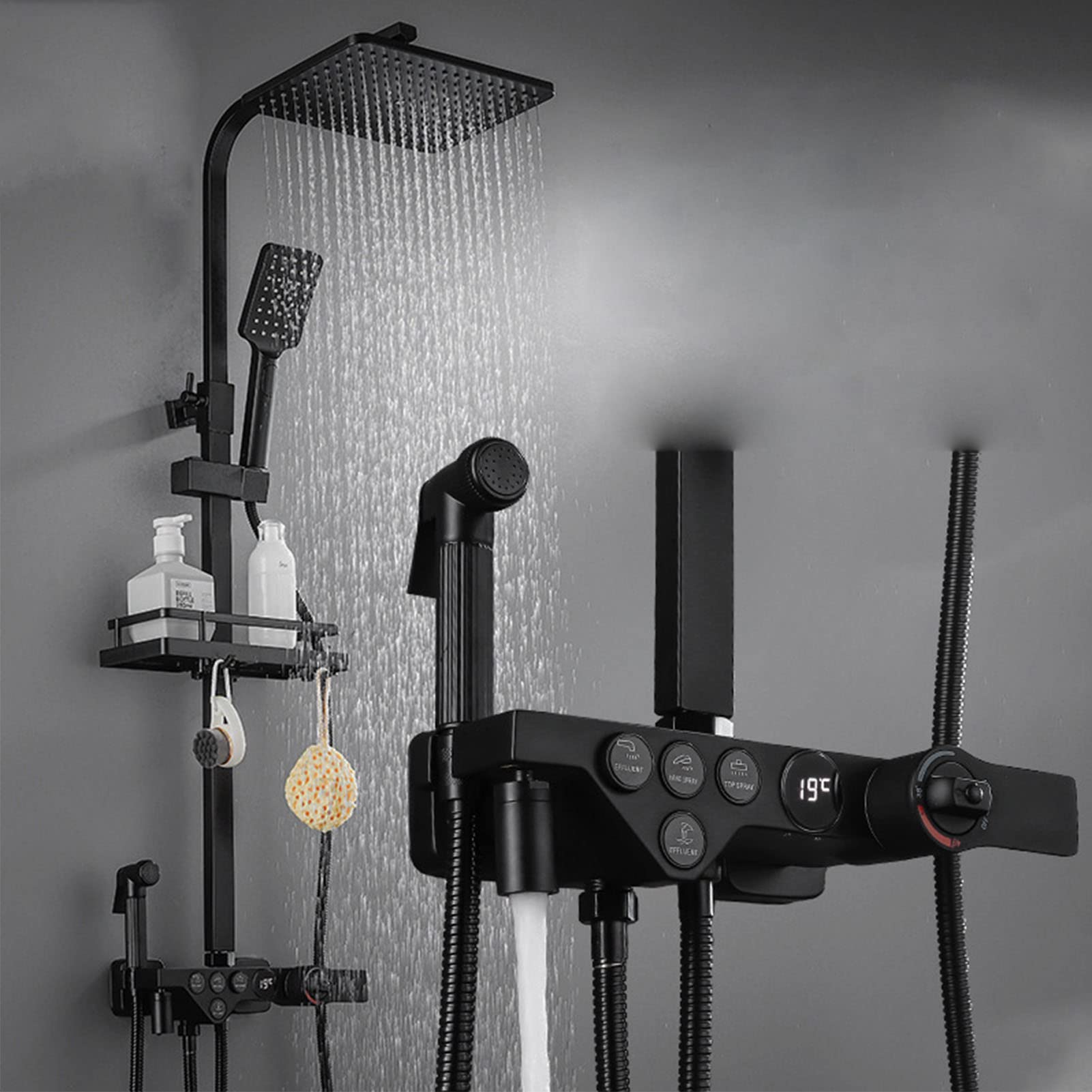 Système de douche thermostatique noir qui stabilise la température avec jet bidet