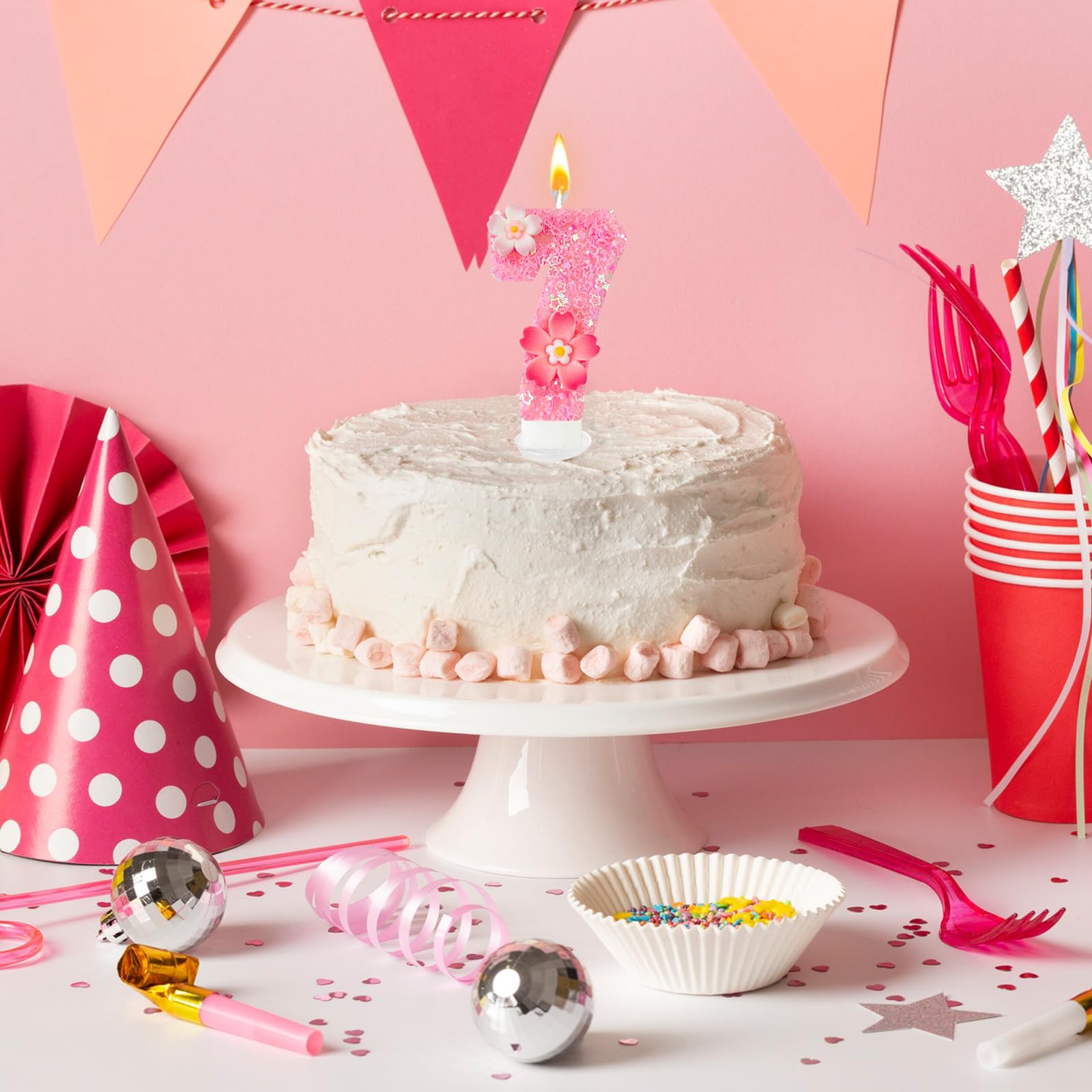 Vela de cumpleaños de flor rosa, velas de cumpleaños número 7 para pasteles, decoración ideal para fiestas de cumpleaños, aniversario de boda y otras celebraciones (flor 7)