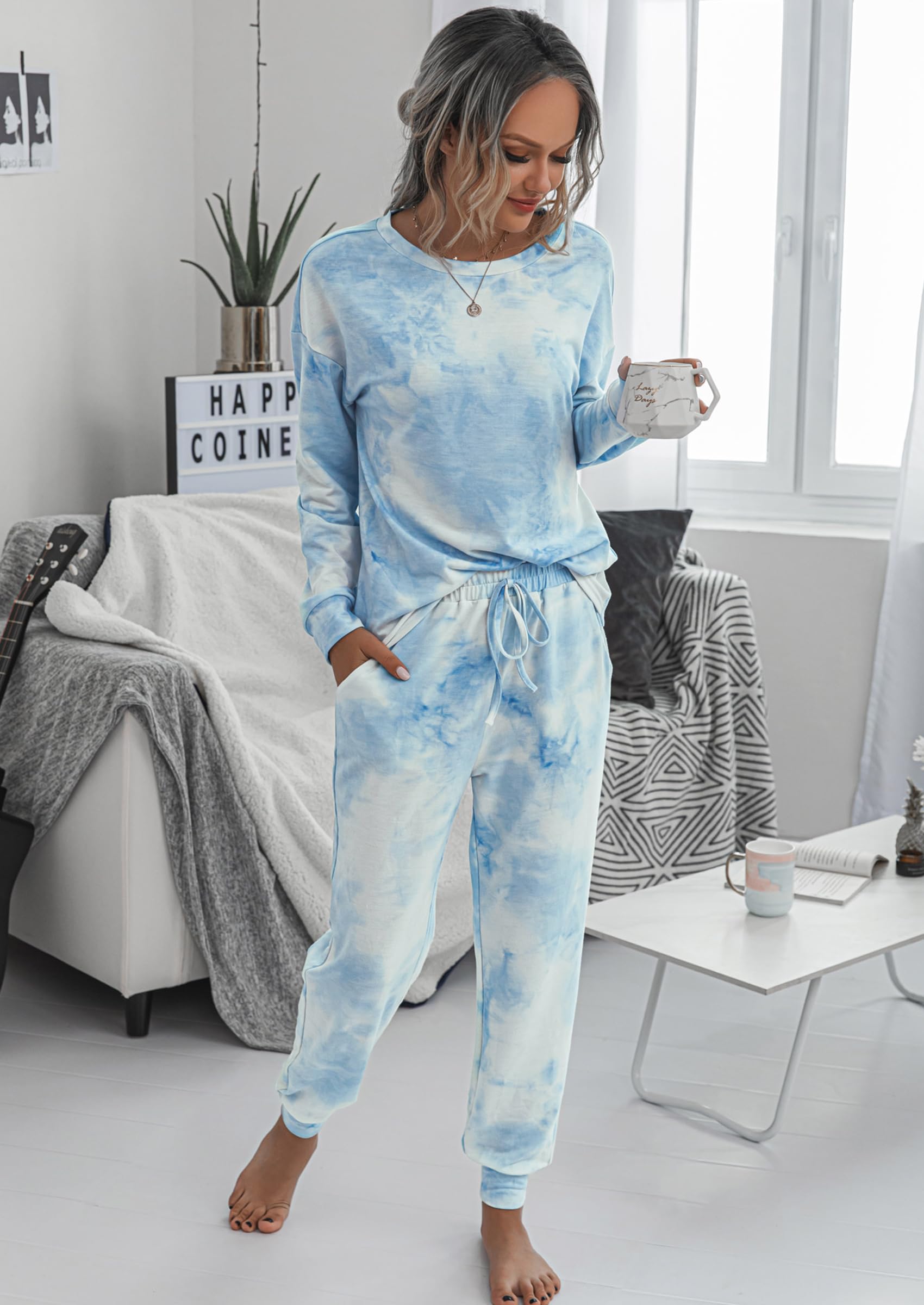 PRETTYGARDEN Women's Two Piece Loungewear Fall Casual Long Sleeve Tops Jogger Pants Pajama Sets Matching Outfits Clothing: Blue X-Large