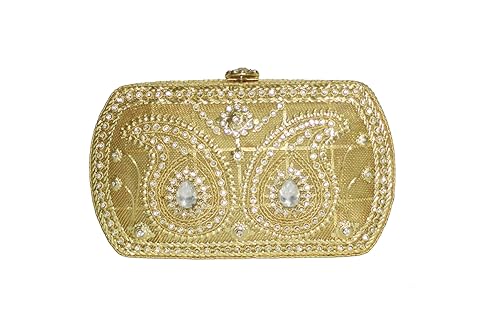 Metallic bridal clutch for wedding golden embossed crystals purse for women stylish latest trending wristlet evening bag