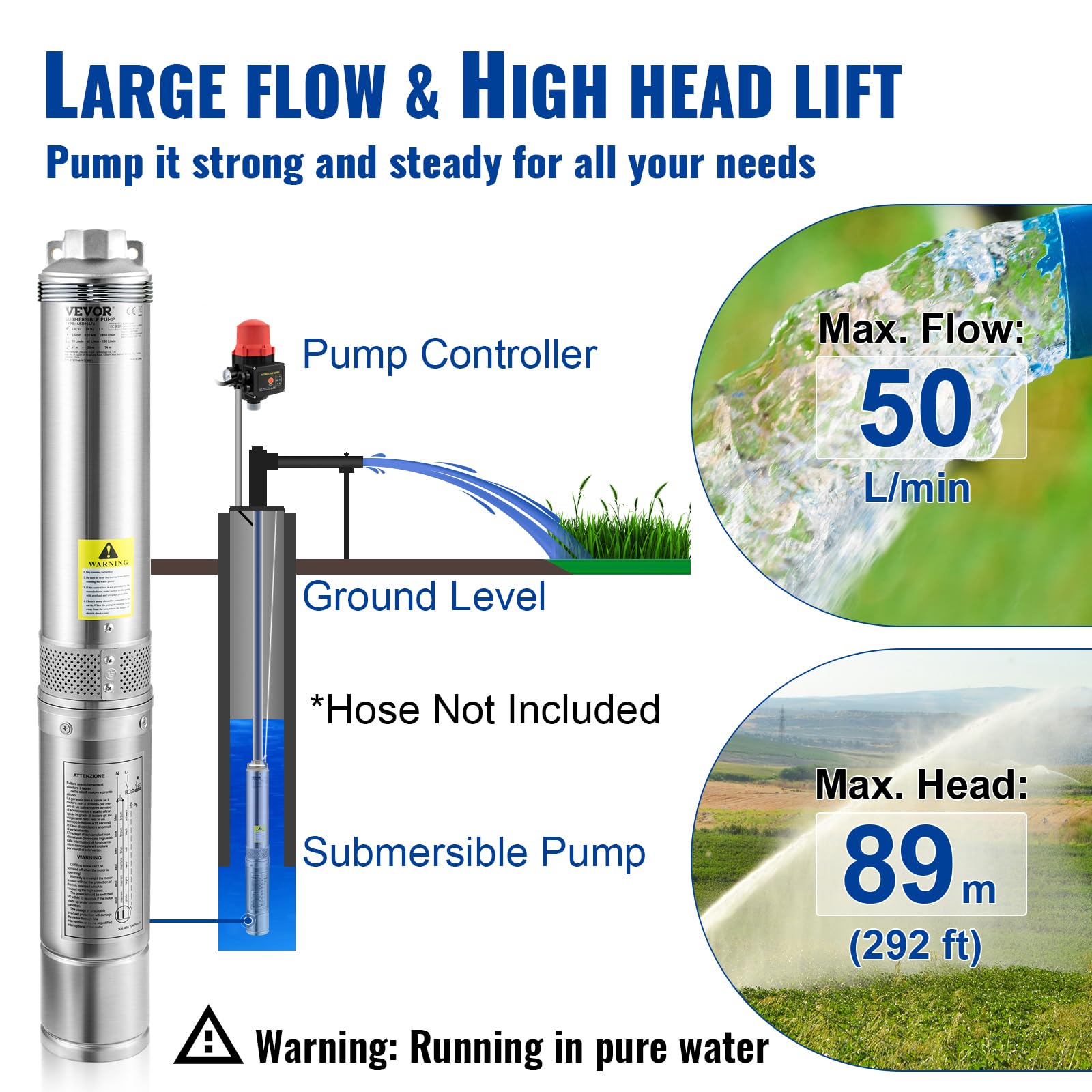 VEVOR 3'' Tiefbrunnenpumpe 550W Brunnenpumpe Max. Durchfluss 50L/min Tauchpumpe Förderhöhe 89m Tauchwasserpumpe Sandbeständig <5% Drehzahl 2850U/min Süßwasserversorgung Bewässern Entwässerung, Silber