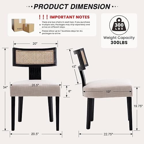 Miniatura 2 de HNY Juego de 2 sillas de comedor de ratán modernas de mediados de siglo, silla decorativa tapizada de lino de granja, sillas de cocina con respaldo