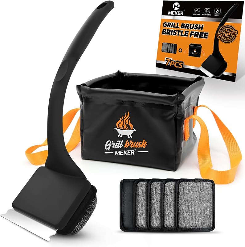 7Pcs Grill Brush Bristle Free with Collapsible Bucket for Grill Cleaning | Grill Cleaner Brush with Durable Foldable Water Tank, Portable Outdoor Grill Bucket, Dunk Tank, Black