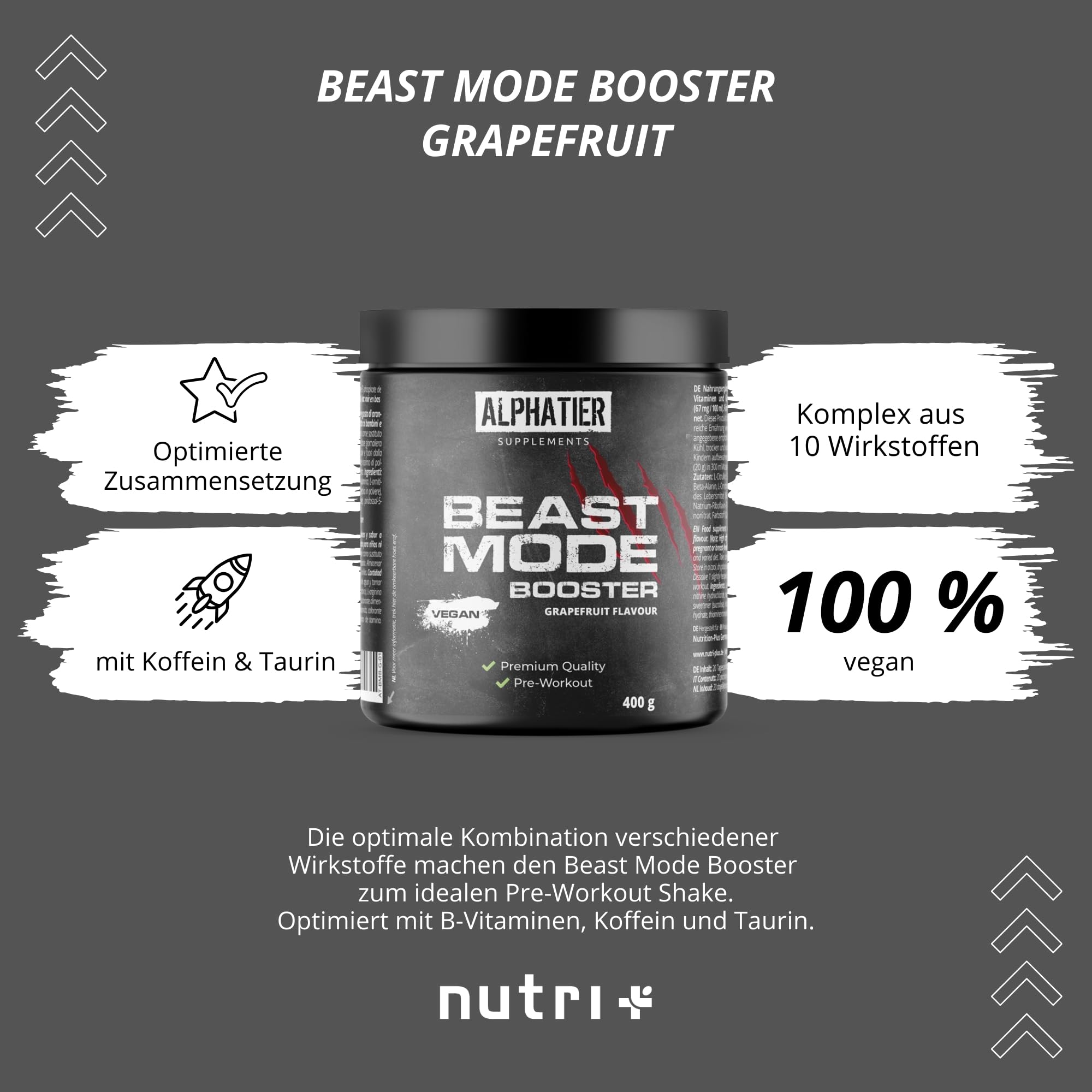 Alphatier Beastmode Pre-Workout Booster Grapefruit - hochdosiert, klumpenfrei + vegan - Koffein Citrullin L-Arginin ß-Alanin Betain HCL Ornithin 400 g