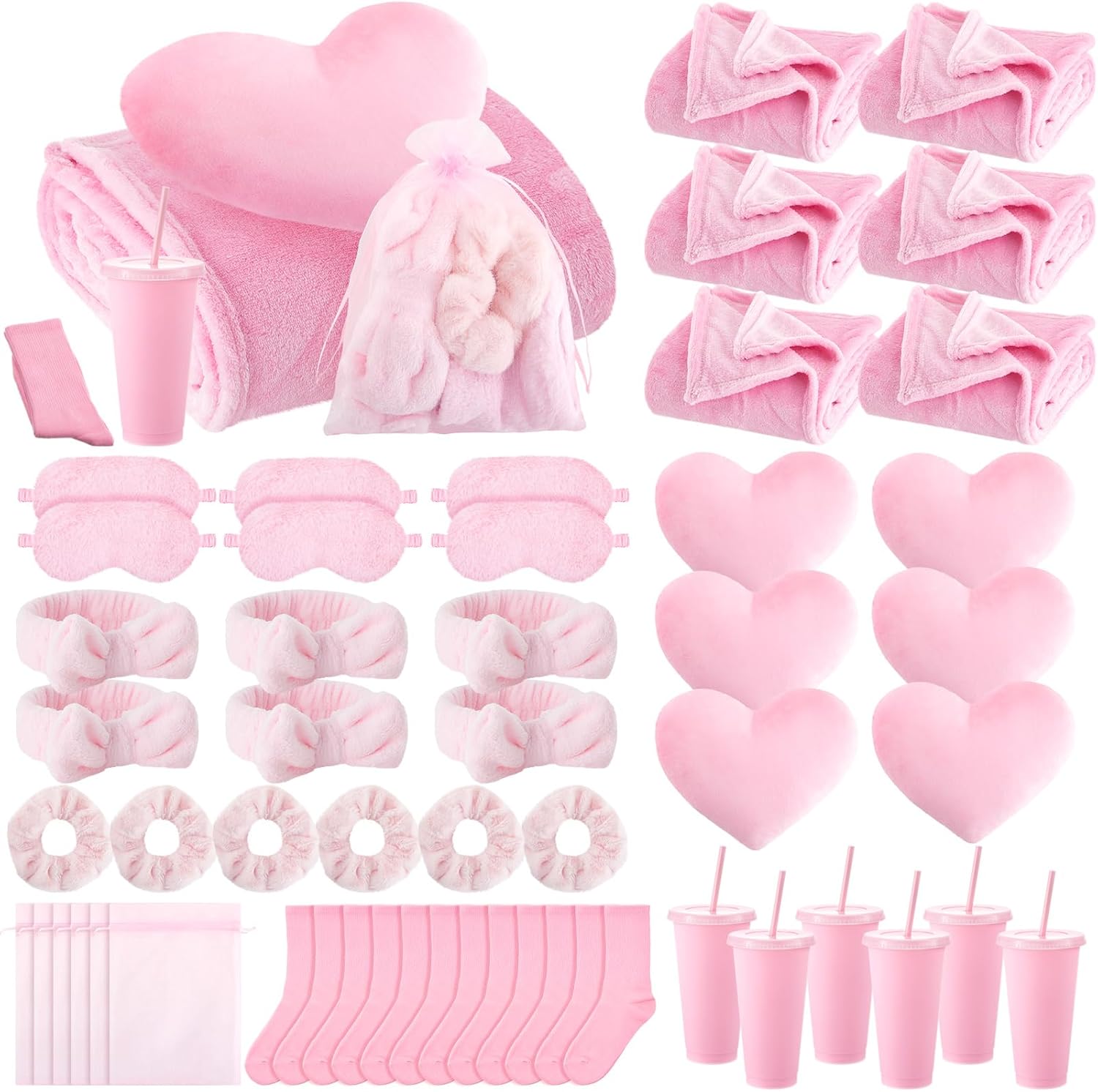48 Pcs Sleepover Party Supplies Spa Birthday Slumber Party Favors 6 Throw Blanket 6 Headband 6 Heart Pillow 6 Scrunchies 6 Sleep Eye Mask 6 Organza Bag 6 Straw Cup 6 Pair Socks(Pink)