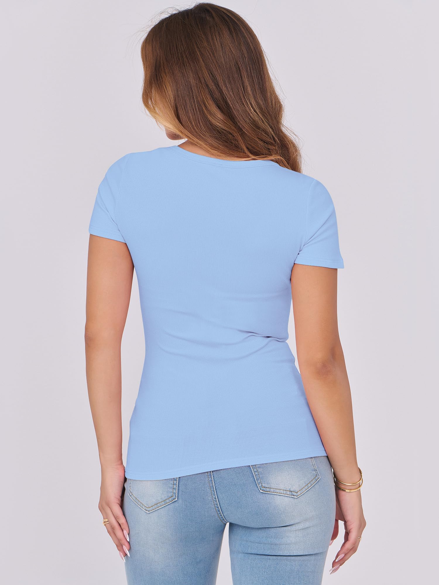 DUOEASE Damska koszulka z długim rękawem, krój basic, slim fit, jednokolorowa, dekolt w kształcie litery U, rozciągliwa, elegancka koszulka na co dzień