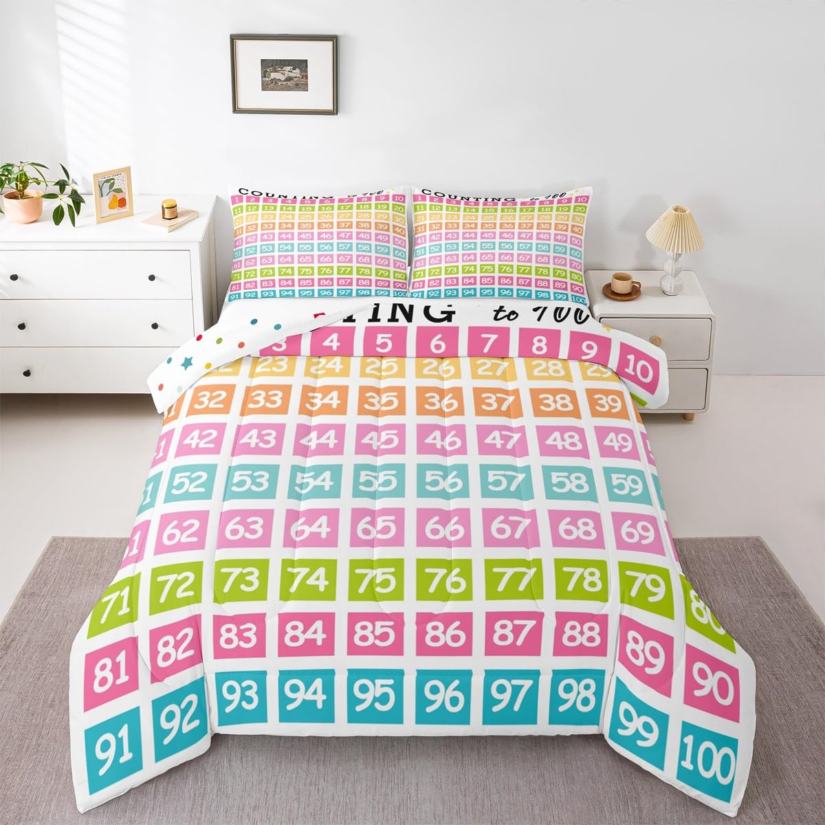 Feelyou Kids Numbers Bedding Set Full Size, Educational Comforter Set Boys Girls Learning Duvet Insert Kindergarten Teens Bedroom Decor Microfiber Bed Set