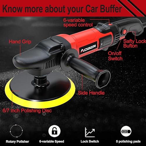 Miniatura 2 de AOBEN Pulidora de búfer, amortiguador rotativo de automóvil de 67 pulgadas, kit de cera de pulido de automóvil de 1200 W con 6 velocidades variables