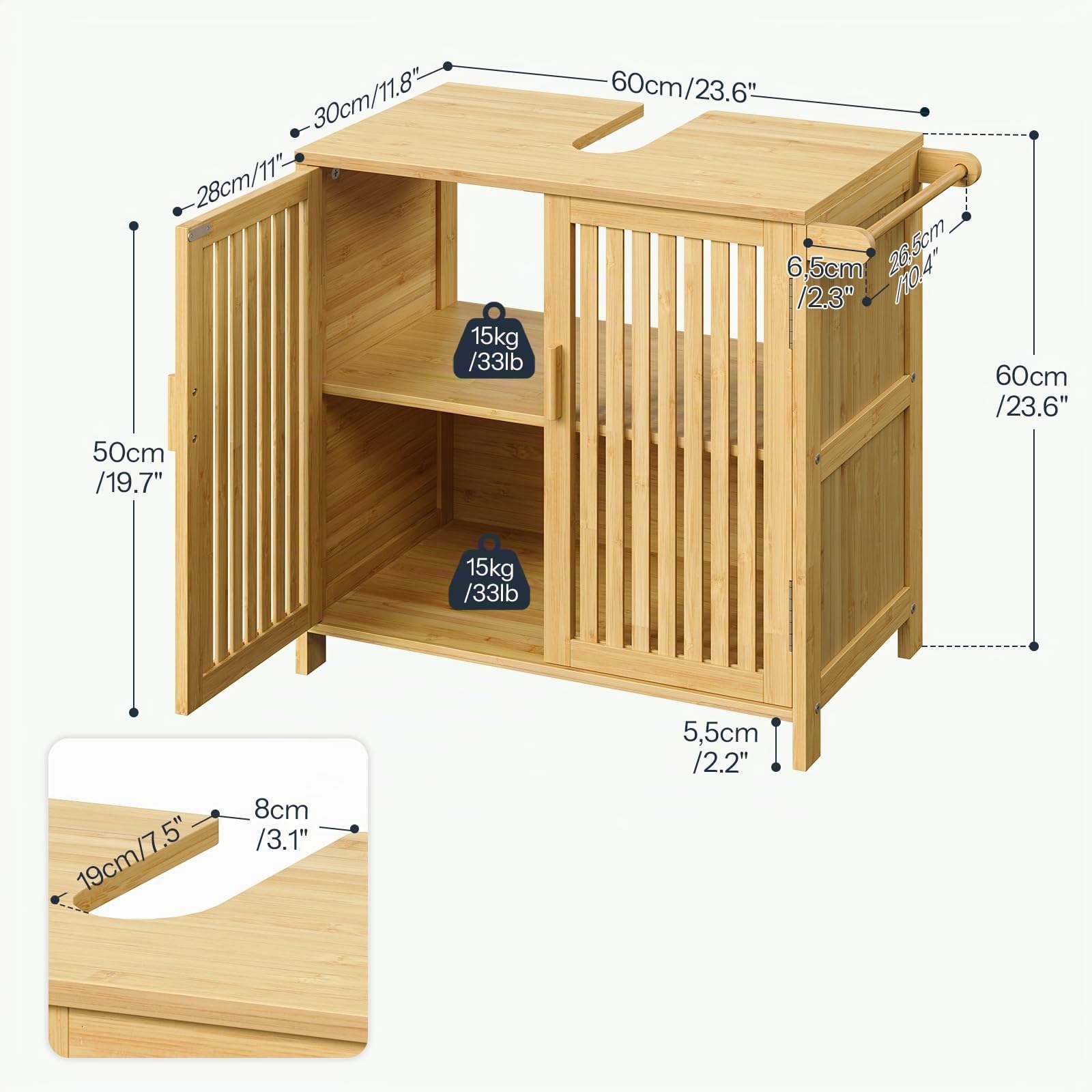 HOOBRO Bambus-Waschbeckenunterschrank mit 2 Türen, 2 Fächern und Handtuchhalter, Unterschrank, Badezimmerschrank, Badschrank, 60 x 30 x 60 cm, für Waschbecken ohne Säule, Natur EYL06BV01