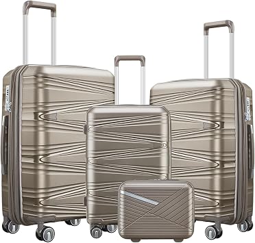 4 Piece Luggage Sets, Expandable Lightweight Hard Shell Roller Case. TSA Lock and Dual Spinner Wheels. 14" 20" 24" 28".Champagne