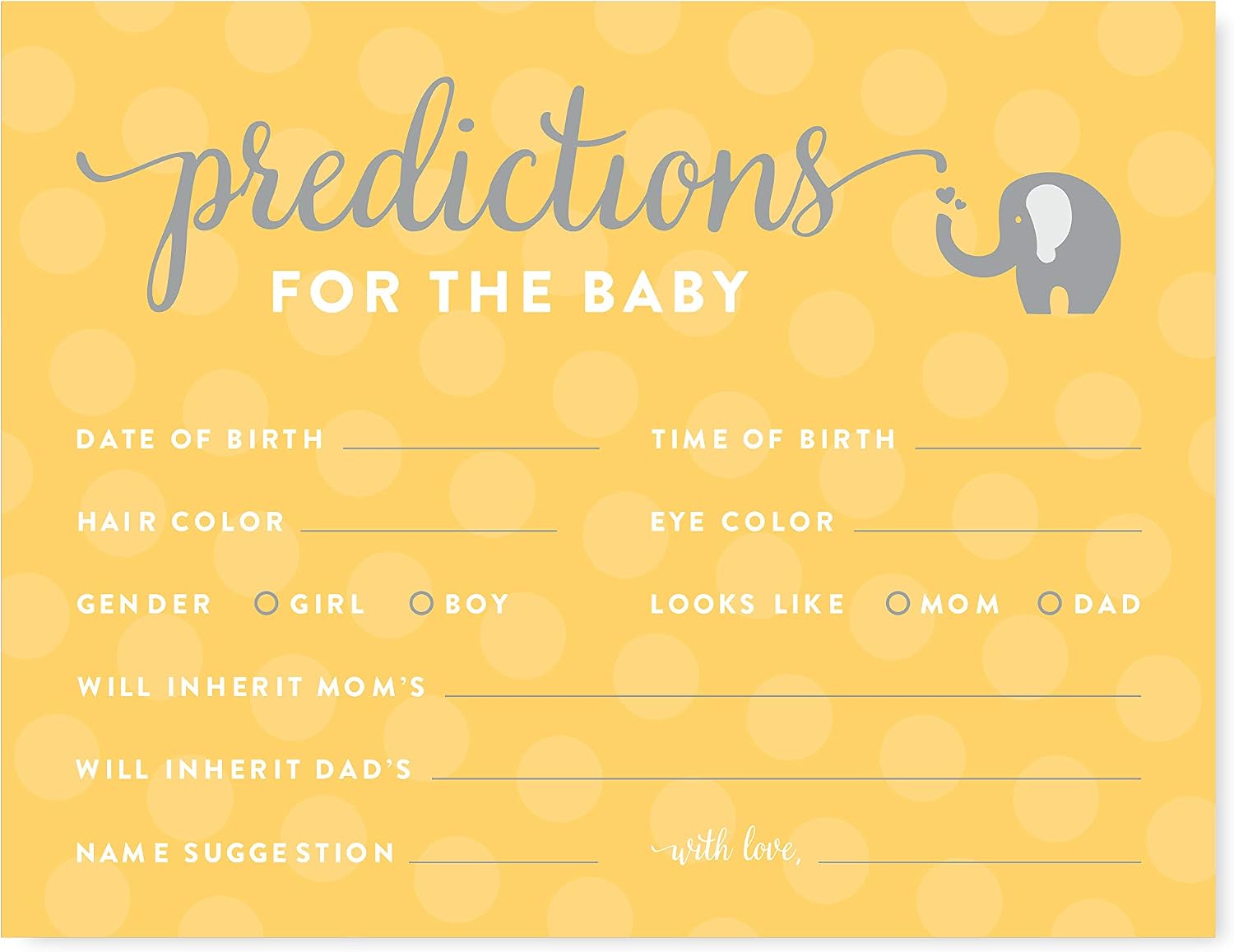 Andaz Press Yellow Gray Gender Neutral Elephant Baby Shower Collection, Games, Activities, Decorations, Predictions for Baby Cards, 20-pack