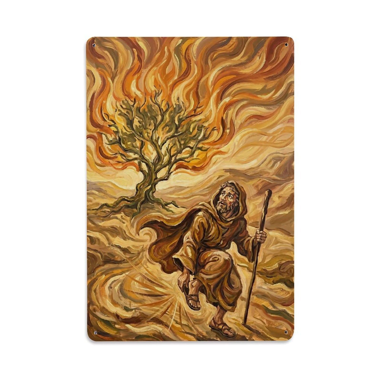 Moses Burning Bush Bible Old Testament Sacred Fire Exodus Metal Tin Sign Plaque Wall Decor for Cafe, Man Cave, Club Bar, Office, Home Garden Round Metal Poster 8x12Inch