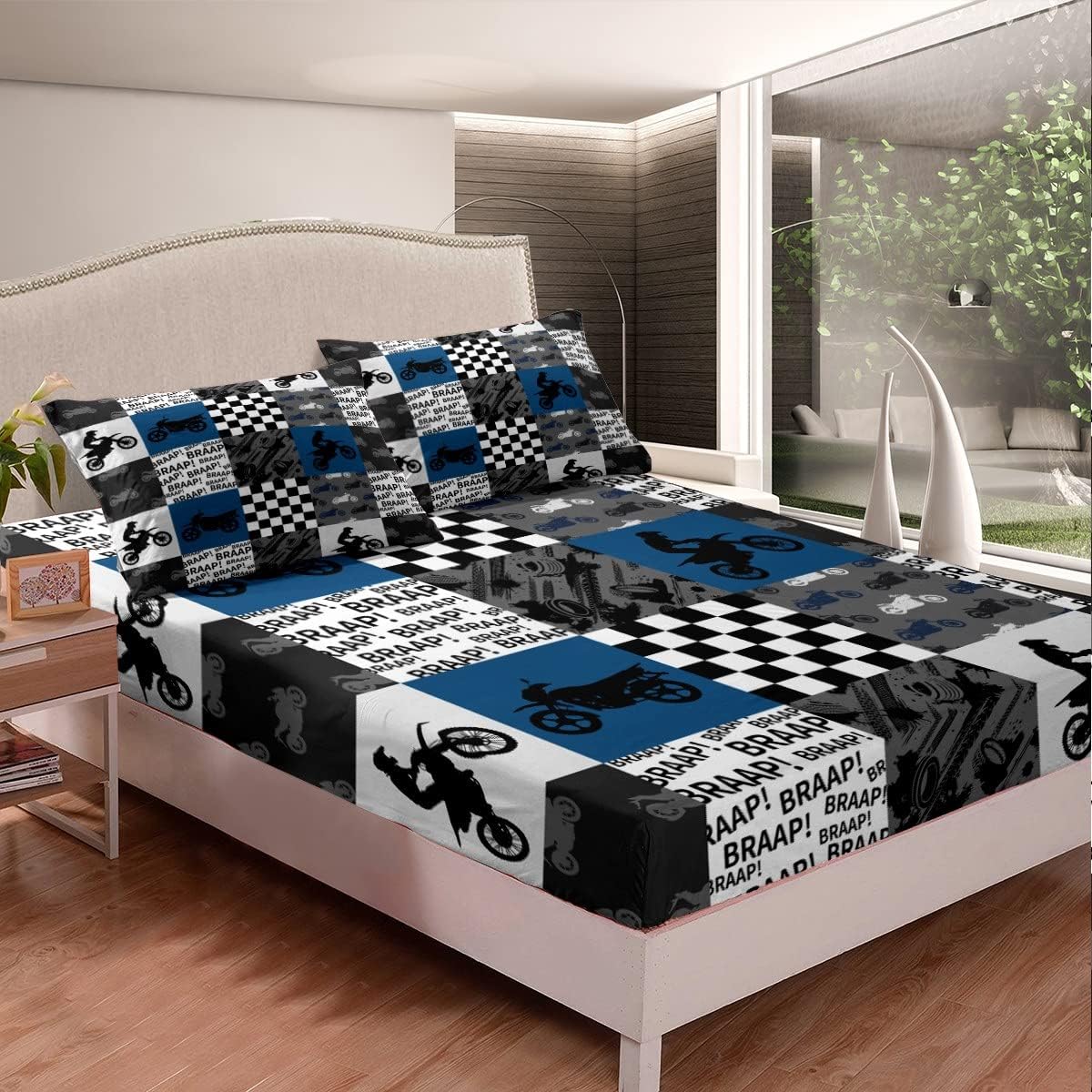 Dirt Bike Bedding Set Full Black Grey Blue Motocross Rider Sheet Set Kids Boys Teens Men Bedroom Racing Themed Patchwork Grid Packet Fitted Sheet Fashion Motorcycle Silhouette Top Flat Sheet 4Pcs - Image 2