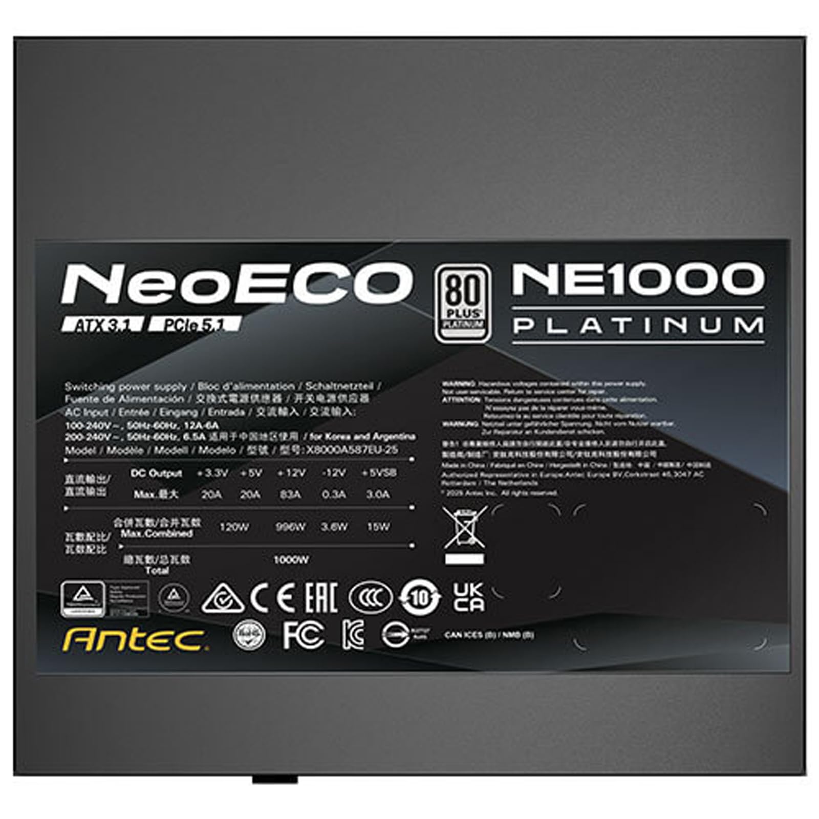 ANTEC NE1000P EC PC zasilacz sieciowy 1000 W, czarny | Obsługa ATX 3.1 i PCIe-5.1 z natywnym złączem 12 V-2x6