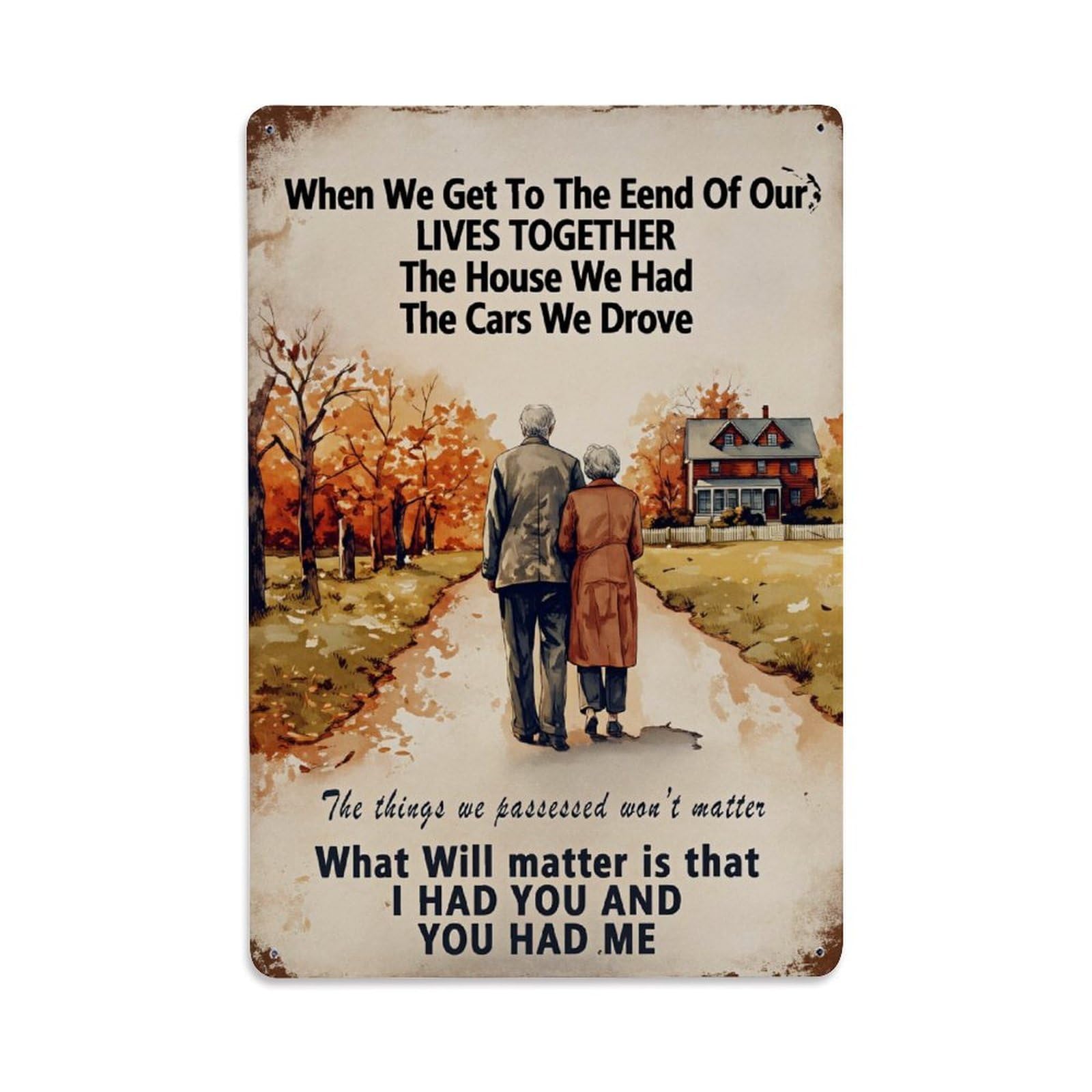 Enderetf Vintage Old Couple Walking Autumn Path Home Tin Sign Metal Poster, Home Bar Garage Man Cave Cafe Indoor & Outdoor Wall Decoration 8X12inches