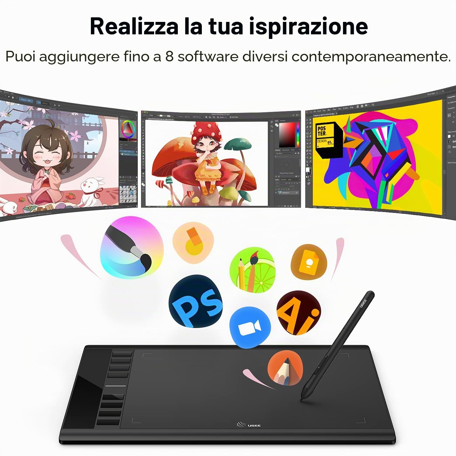 UGEE M708 Tavoletta Grafica, Tavola Grafica 10x6 Pollici, Tavola Ultrasottile con Penna senza Batteria, Pad Digitale per Win/Mac/Chrome, Nero