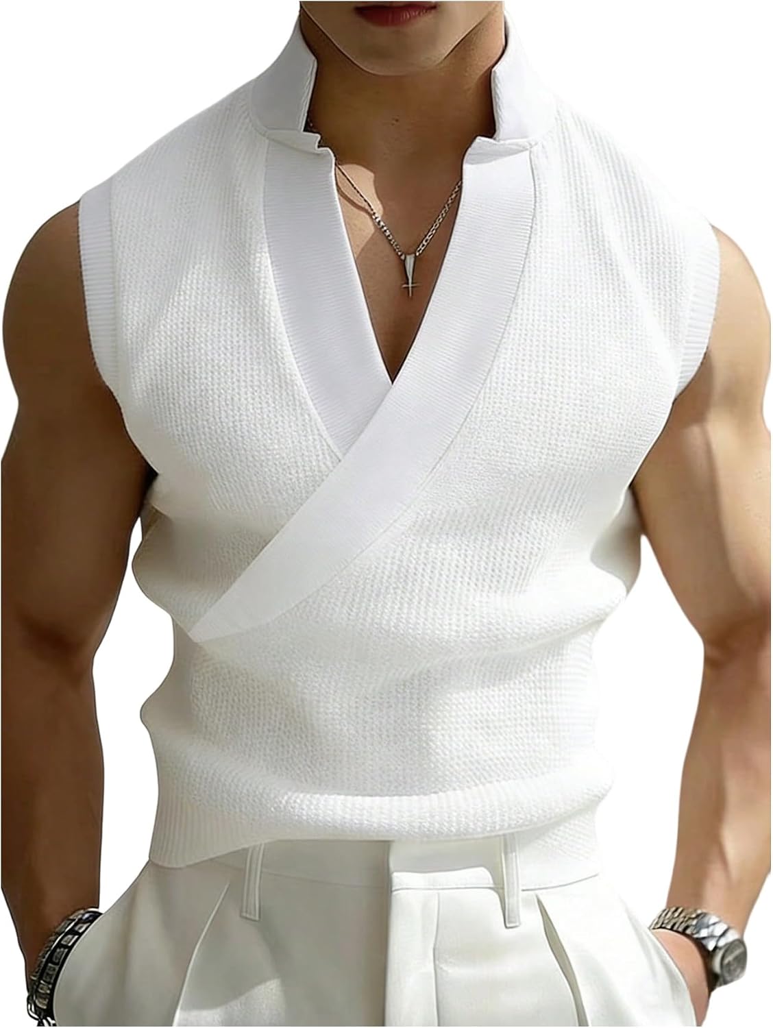 GORGLITTER Men's V Neck Tank Tops Sleeveless Wrap Tees Knitted Tops Shirts Summer Casual Going Out Tops Streetwear