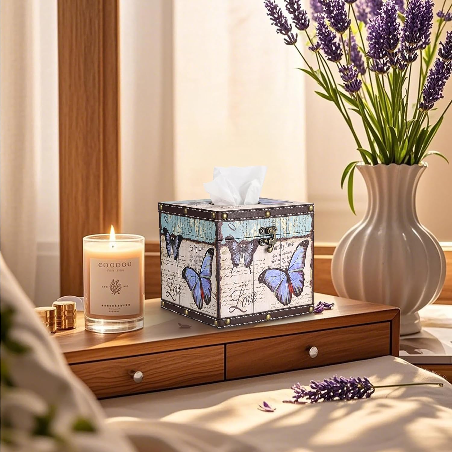Butterfly Tissue Box Cover, Wood Square Tissue Holder, Bluish Purple