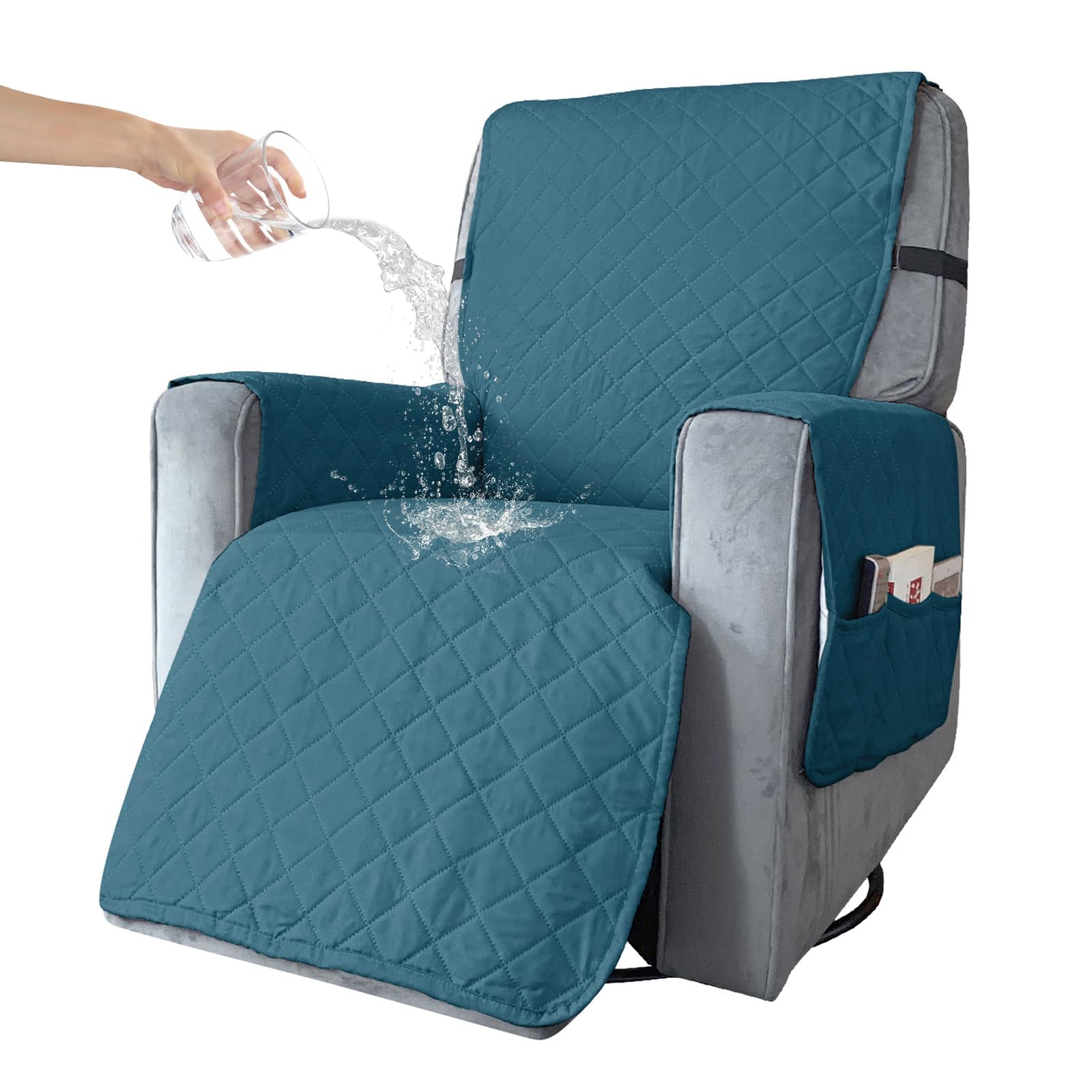 Waterproof Recliner Chair Cover with Pockets, Elastic Strap