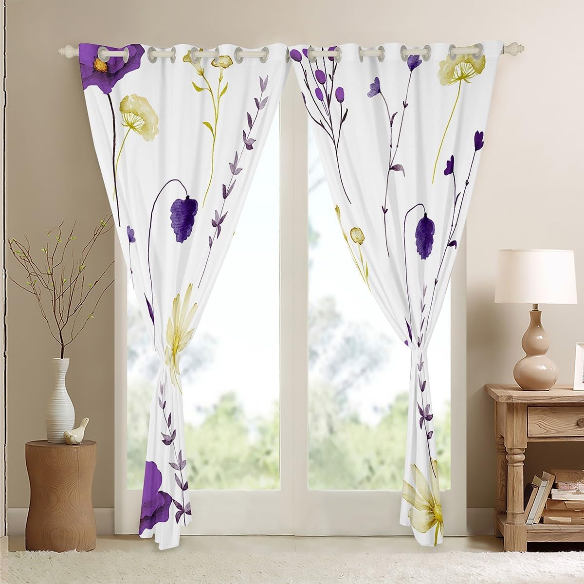Erosebridal Watercolor Floral Blackout Curtains, Purple Yellow Flower Curtains & Drapes for Adult Women Bedroom, Modern Minimalist Curtains Pastoral Branches Aesthetic Window Treatments 52" Wx84 L