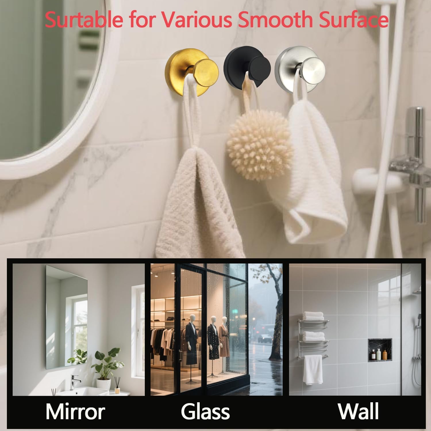 Suction Cup Hooks for Bathroom, Shower Towel Holders, No Damage Wall Mounting,Suction Cup Hooks for Shower, Stainless Steel Hook for Glass Door, Wall, Mirror, 2Packs (Gold)